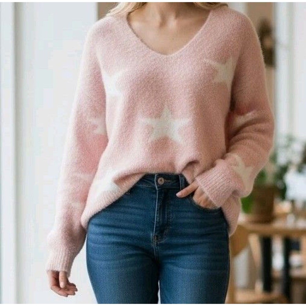 Lush‎ Soft Pink Eyelash Starry Sweater Sz S V-Neck Whimsical Romantic Feminine